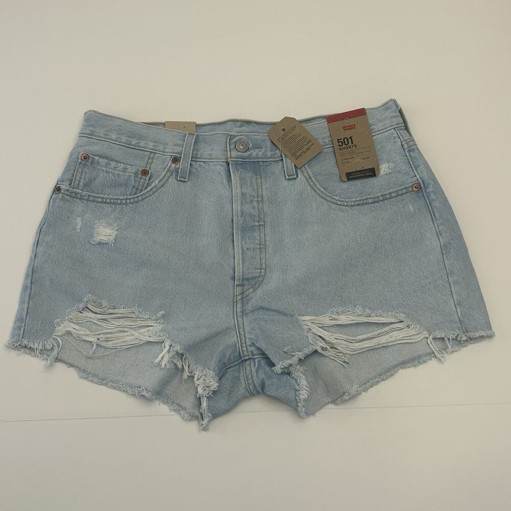 Levis 501 Shorts Women 32 Light Blue Denim Distressed Cutoff Frayed Button Fly
